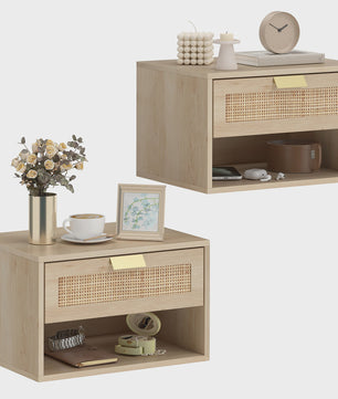 Set van 2 Nachtkastjes Zwevend met Rotan Lade & Open Vak - Scandinavisch Design