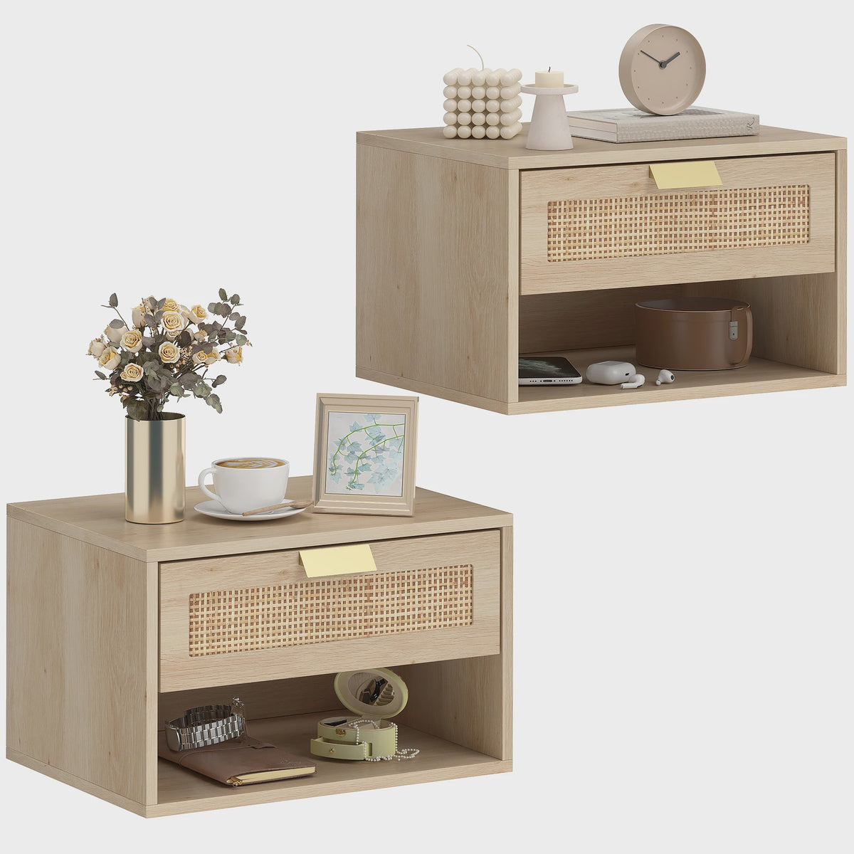 Set van 2 Nachtkastjes Zwevend met Rotan Lade & Open Vak - Scandinavisch Design