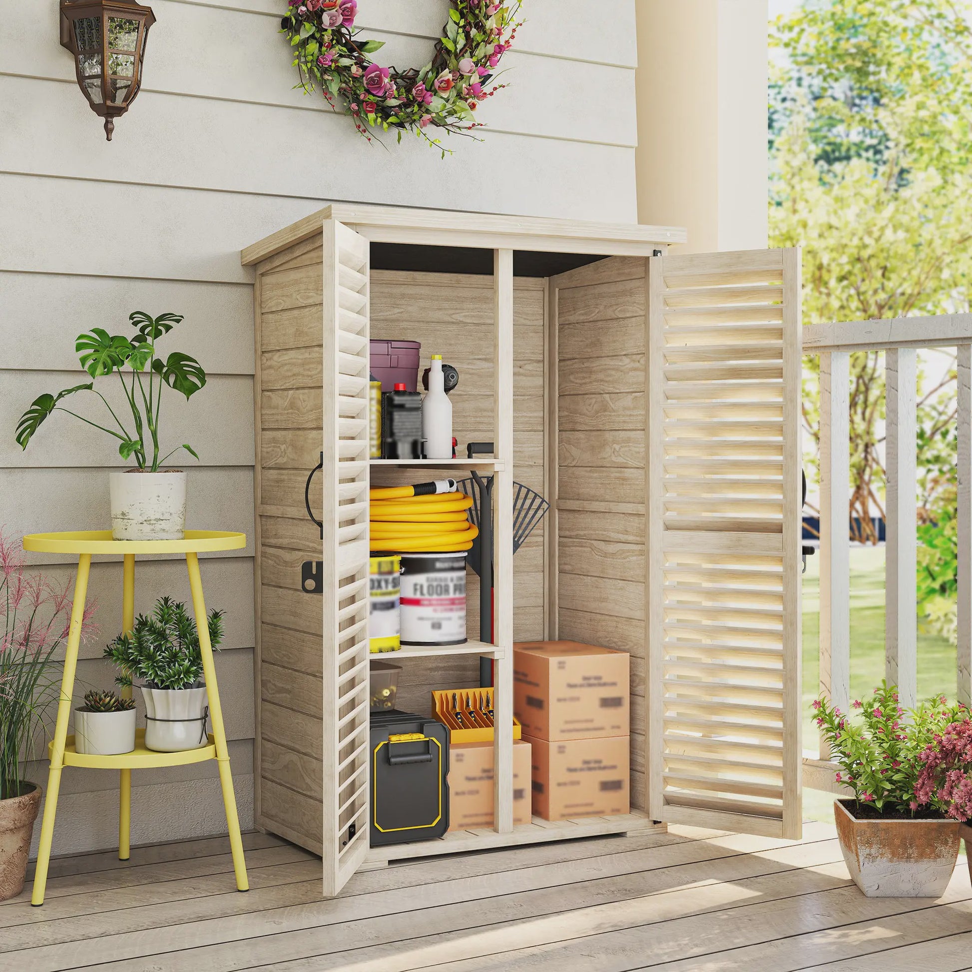 Outsunny Houten Tuinkast met Louvreduren - Fir Hout - 75x50x118 cm