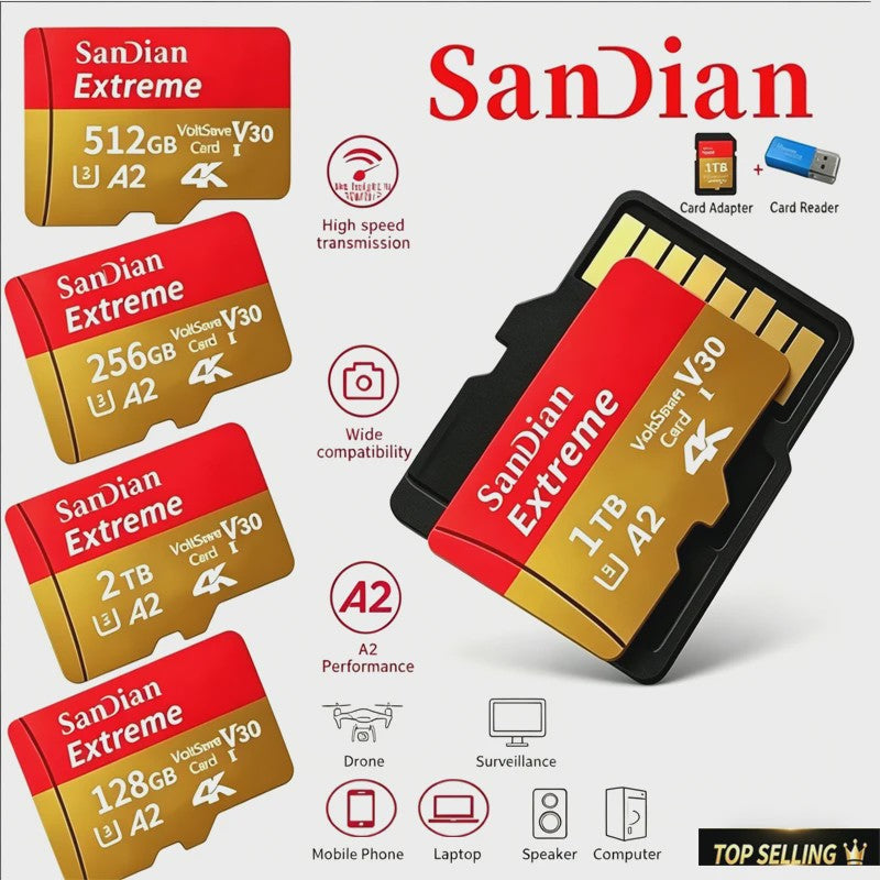 SanDian Extreme Micro SDXC Kaart - V30, Class 10, A2 - Hoge Capaciteit voor Telefoon, Camera, Drone