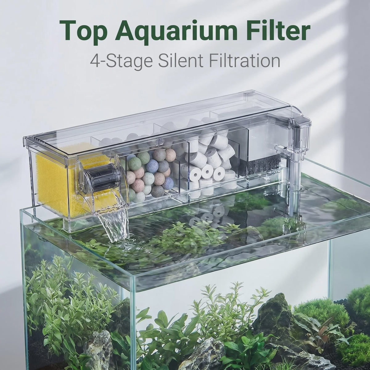 Transparante Acryl Hangfilter met Meerfasen Filtratie & Waterval Uitlaat - Compact & Ruimtebesparend