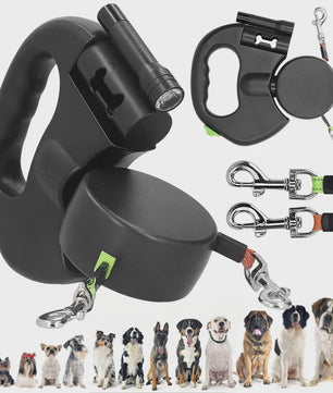 Dubbele Intrekbare Hondentuig 3M met LED en Afvalzakhouder - Voorkom Verstrengeling