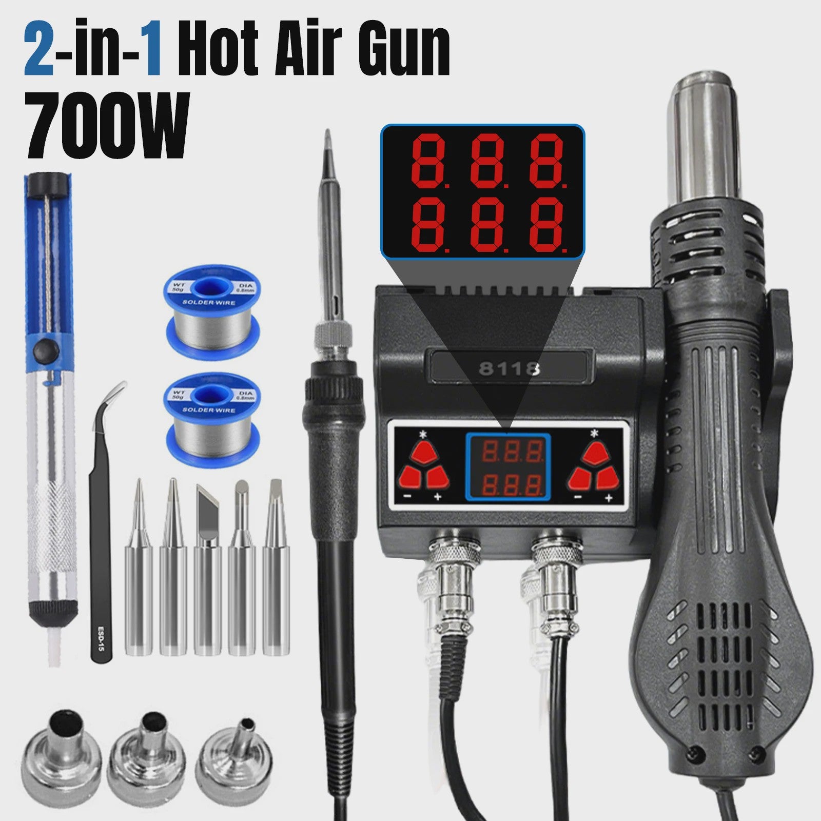 700W 2-in-1 Soldeerstation met Hete Lucht: Soldeerbout & Hittepistool voor PCB Reparatie
