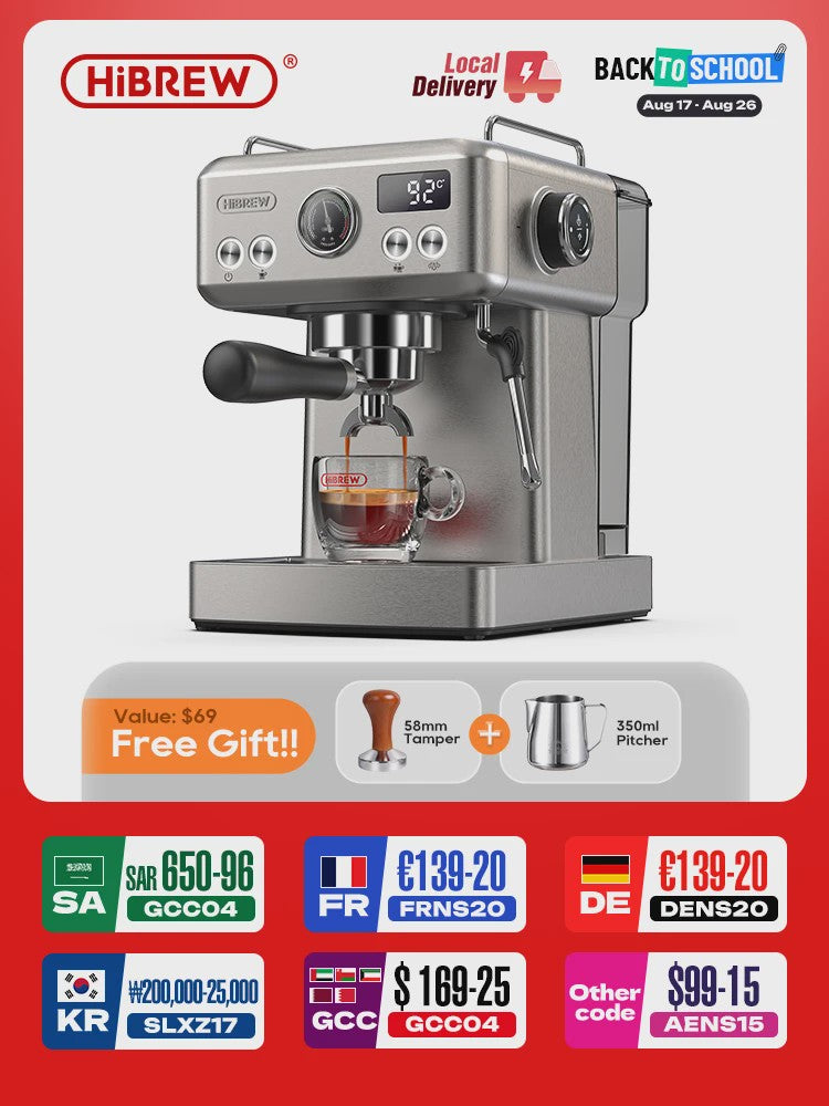 HiBREW H10A Semi-Automatische Espressomachine - 20 Bar, Instelbare Temperatuur & 58mm Portafilter