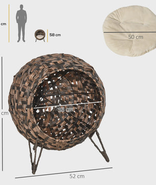 Ronde rotan kattenmand met kussen en verhoogde pootjes - Bruin
