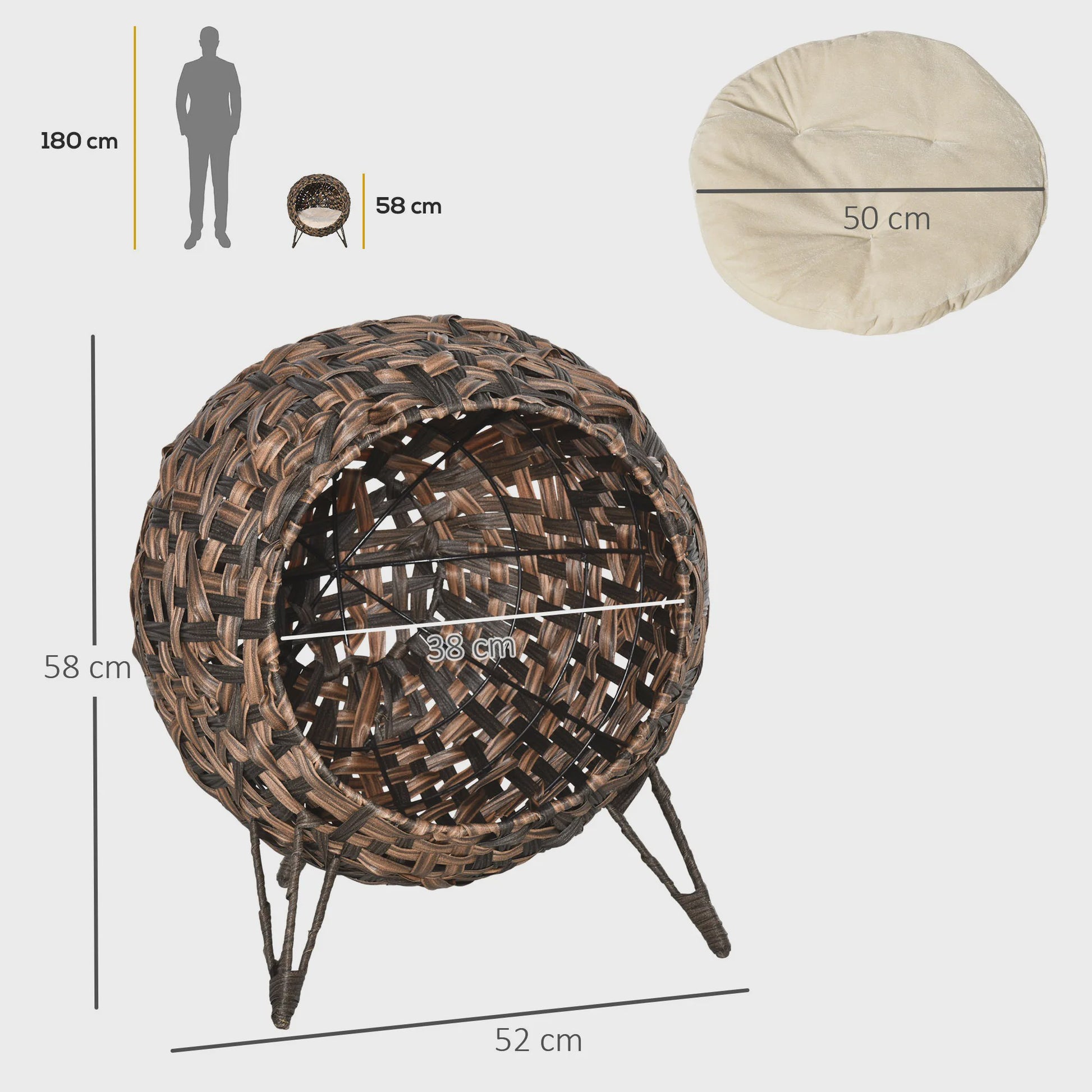 Ronde rotan kattenmand met kussen en verhoogde pootjes - Bruin
