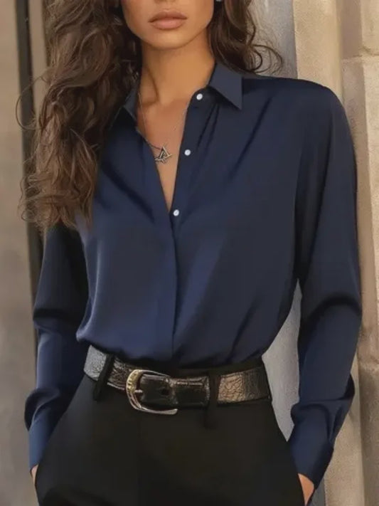 Elegante Damesblouse met Lange Mouwen en Klassieke Kraag - Veelzijdige Kantoor Chic Top