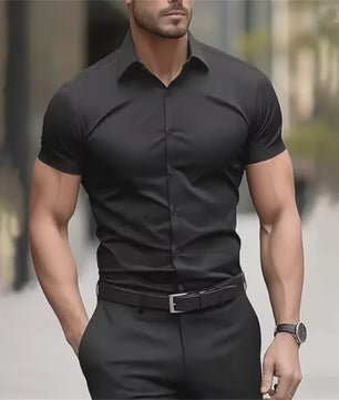 Heren Zomer Overhemd Korte Mouw Stretch Slim Fit - Zwart, Maat 5XL