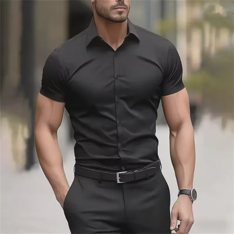 Heren Zomer Overhemd Korte Mouw Stretch Slim Fit - Zwart, Maat 5XL