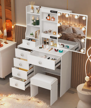 Witte Kaptafel met Schuifspiegel, Dimbare LED Verlichting, 6 Lades en Kruk
