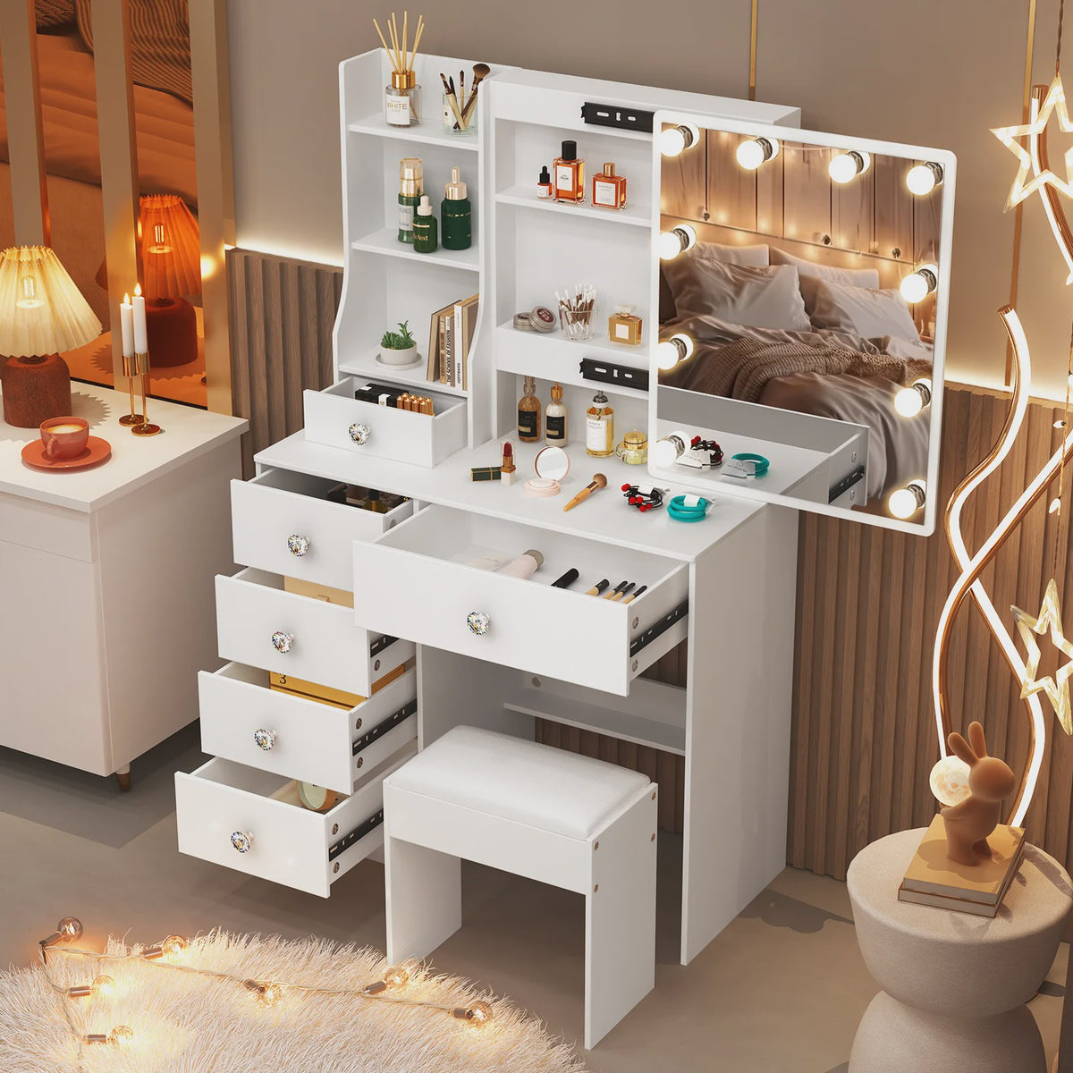 Witte Kaptafel met Schuifspiegel, Dimbare LED Verlichting, 6 Lades en Kruk