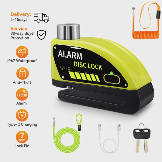 Schijfrem slot met 120dB alarm, oplaadbaar en waterdicht voor motor, fiets en scooter