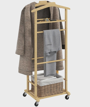 Stijlvol Bamboe Kledingrek met Wielen en Mand - Organiseer je Outfit