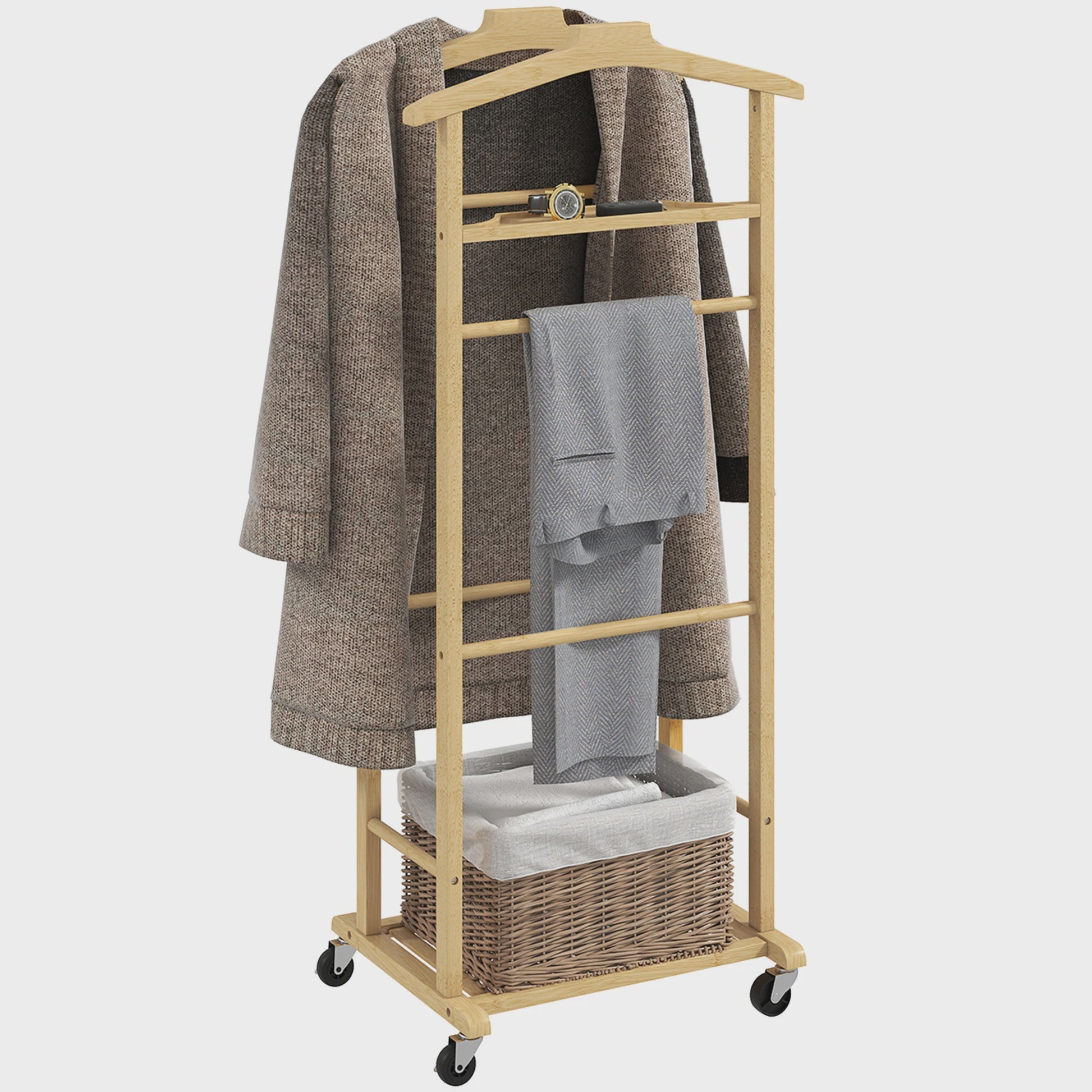 Stijlvol Bamboe Kledingrek met Wielen en Mand - Organiseer je Outfit