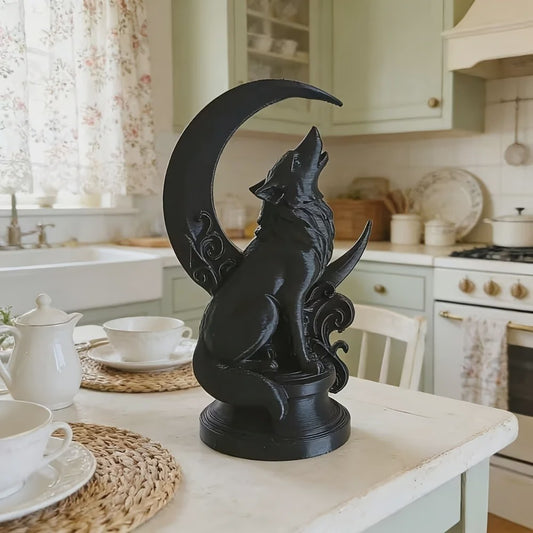 Wolf op Maan Totem Ornament - Decoratieve Beeldje voor Huis & Kantoor