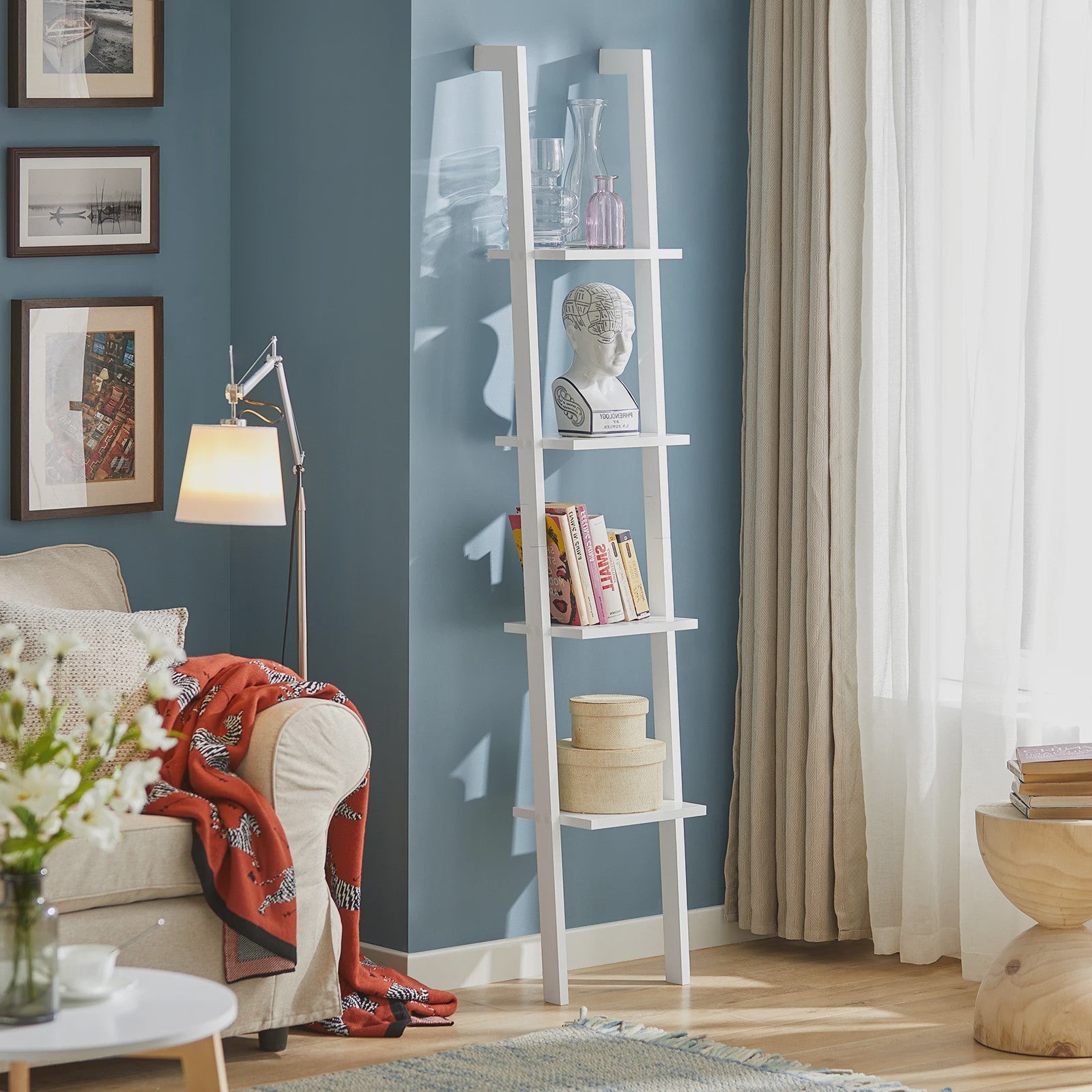 SoBuy FRG15-W Ladder Boekenkast Wit - 4 Planken, Vrijstaand, 33cm Breed