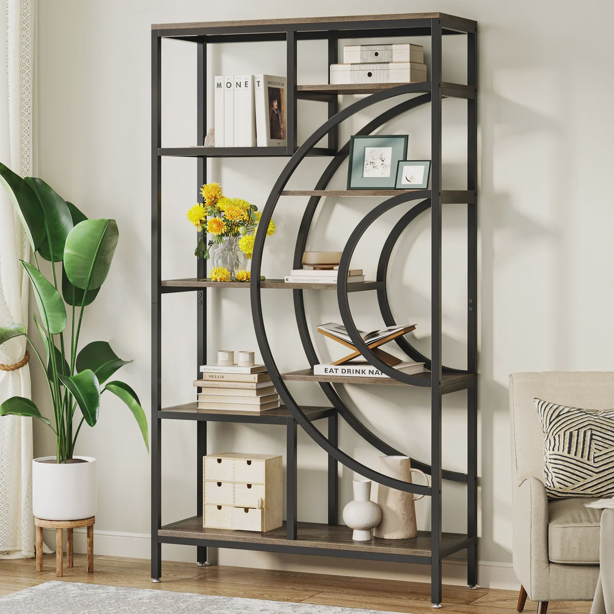 Stijlvolle 8-laags Geometrische Boekenkast met Metaal Frame - Open en Staand Ontwerp (71 inch)