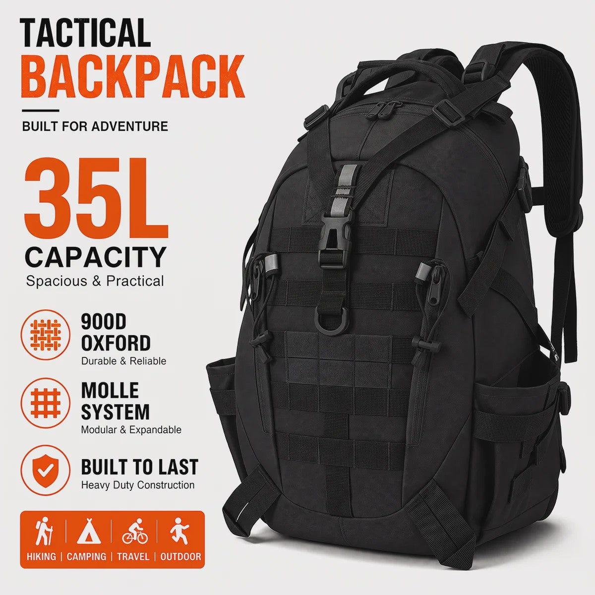 Tactische Rugzak 35L - Molle Systeem, Reflecterende Strips, Outdoor & Hiking