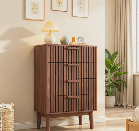 Ladekast met Rotan Front - Massief Hout - Mid-Century Modern Design
