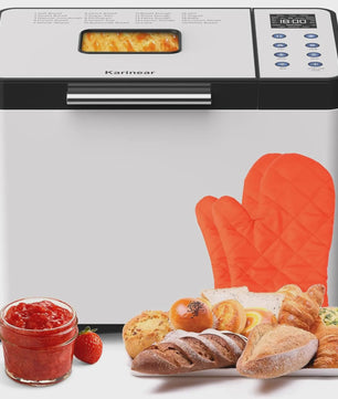 Karinear Broodbakmachine: 20 Programma's, 3 Maten, 15-Uurs Timer & Handschoenen