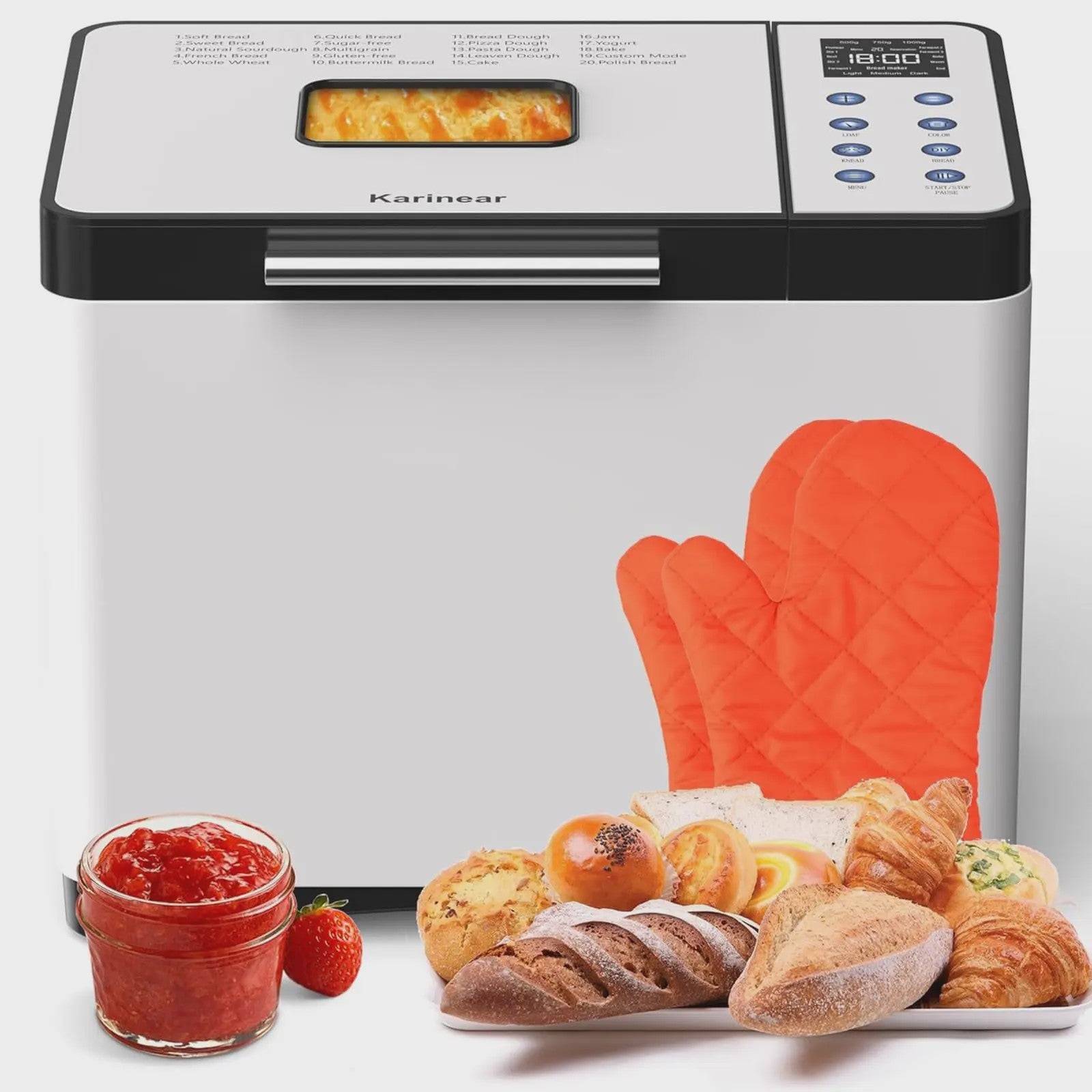 Karinear Broodbakmachine: 20 Programma's, 3 Maten, 15-Uurs Timer & Handschoenen