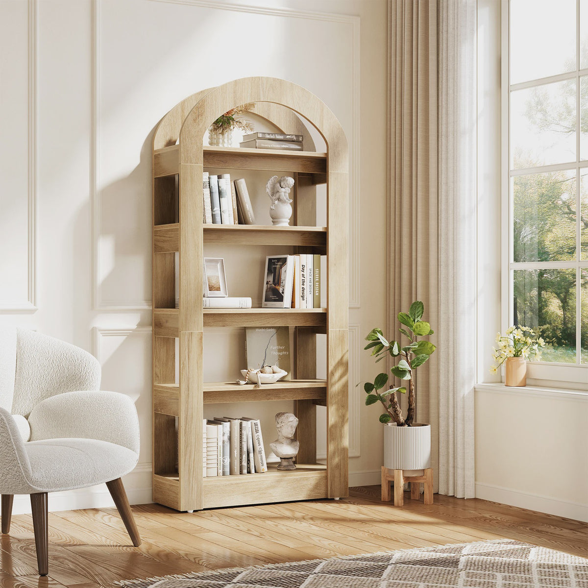 Boogvormige Boekenkast Rustiek Eikenhout - 5 Niveaus - Modern Decoratief Display - 80 cm Breed
