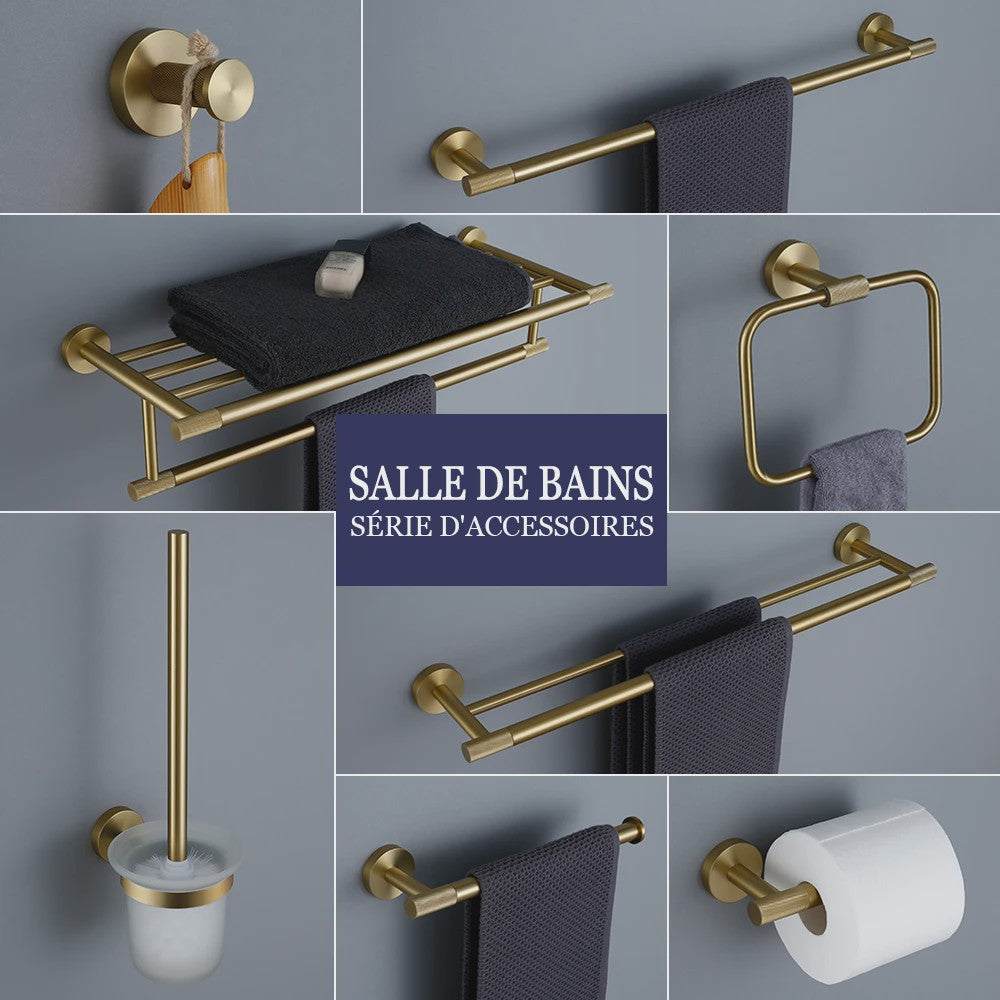 Luxe Geborsteld Gouden Badkamer Accessoires Set: Handdoekrek, Haak, Toiletrolhouder & Borstelhouder