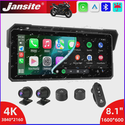 Jansite 8.1" Motorfiets GPS Navigatie met 4K DVR, CarPlay & Android Auto