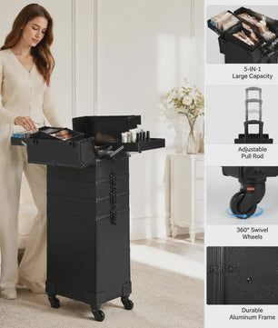 Professionele Make-up Koffer met Aluminium Frame - 5-in-1 Organisatie & 360° Wielen