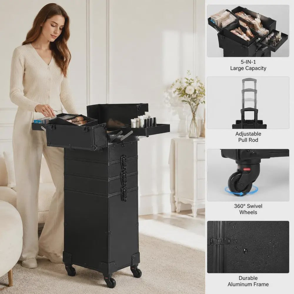 Professionele Make-up Koffer met Aluminium Frame - 5-in-1 Organisatie & 360° Wielen