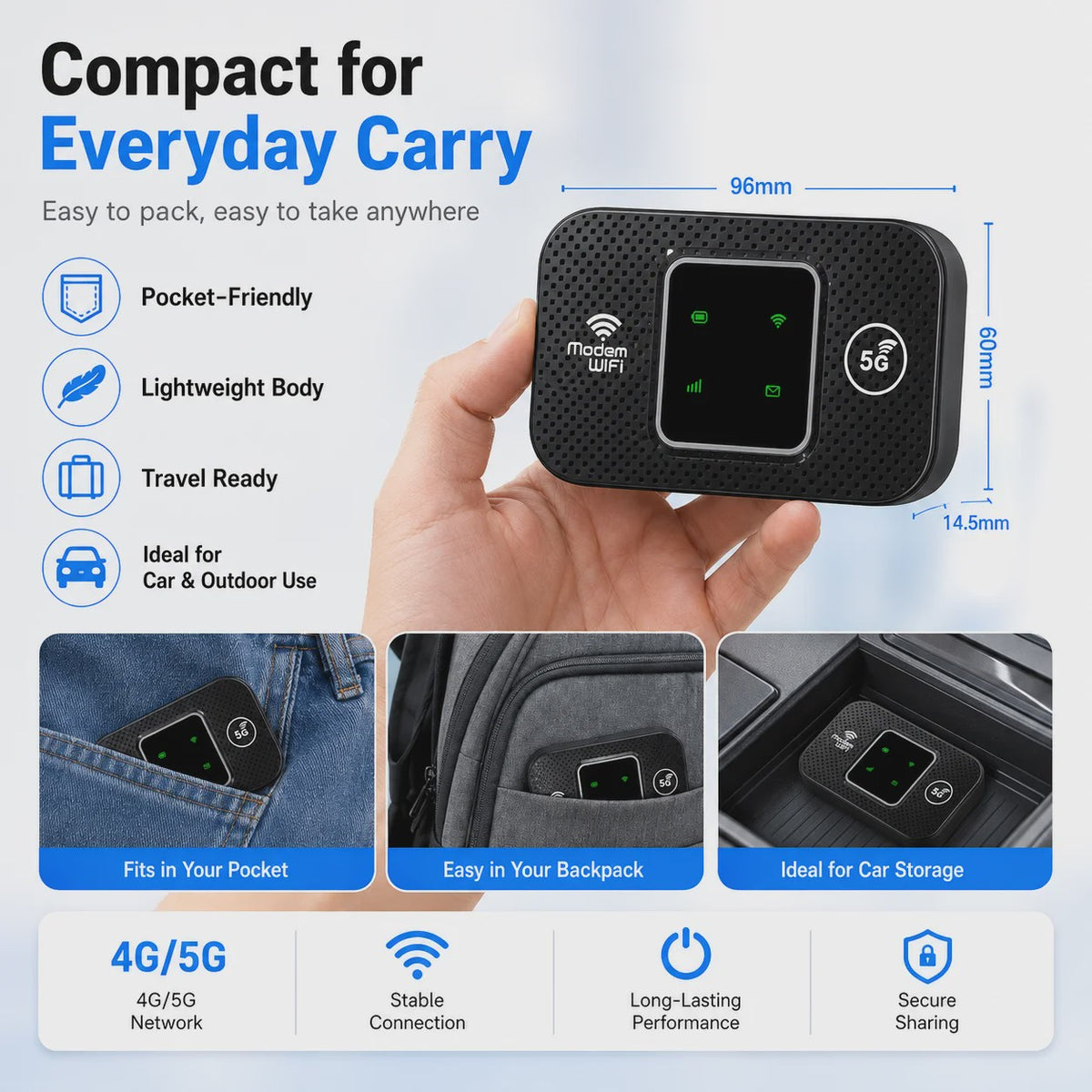 Draagbare 4G/5G Pocket WiFi Router MiFi Hotspot - 150Mbps Mobiel Internet voor Reizen & Auto