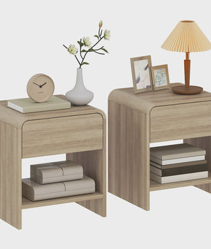 Set van 2 Scandinavische Nachtkastjes met Ronde Hoeken, Lade en Open Vak - 40x35x45 cm Naturel