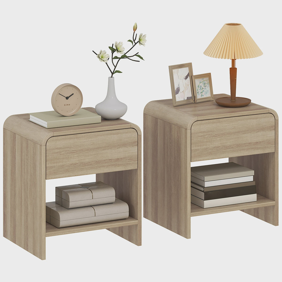 Set van 2 Scandinavische Nachtkastjes met Ronde Hoeken, Lade en Open Vak - 40x35x45 cm Naturel