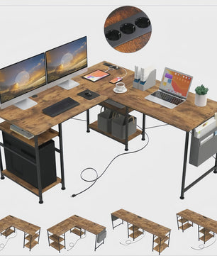 L-vormig Bureau met Opbergruimte & Geïntegreerde Stroomvoorziening - Modern Bruin Hoekbureau 140x140cm
