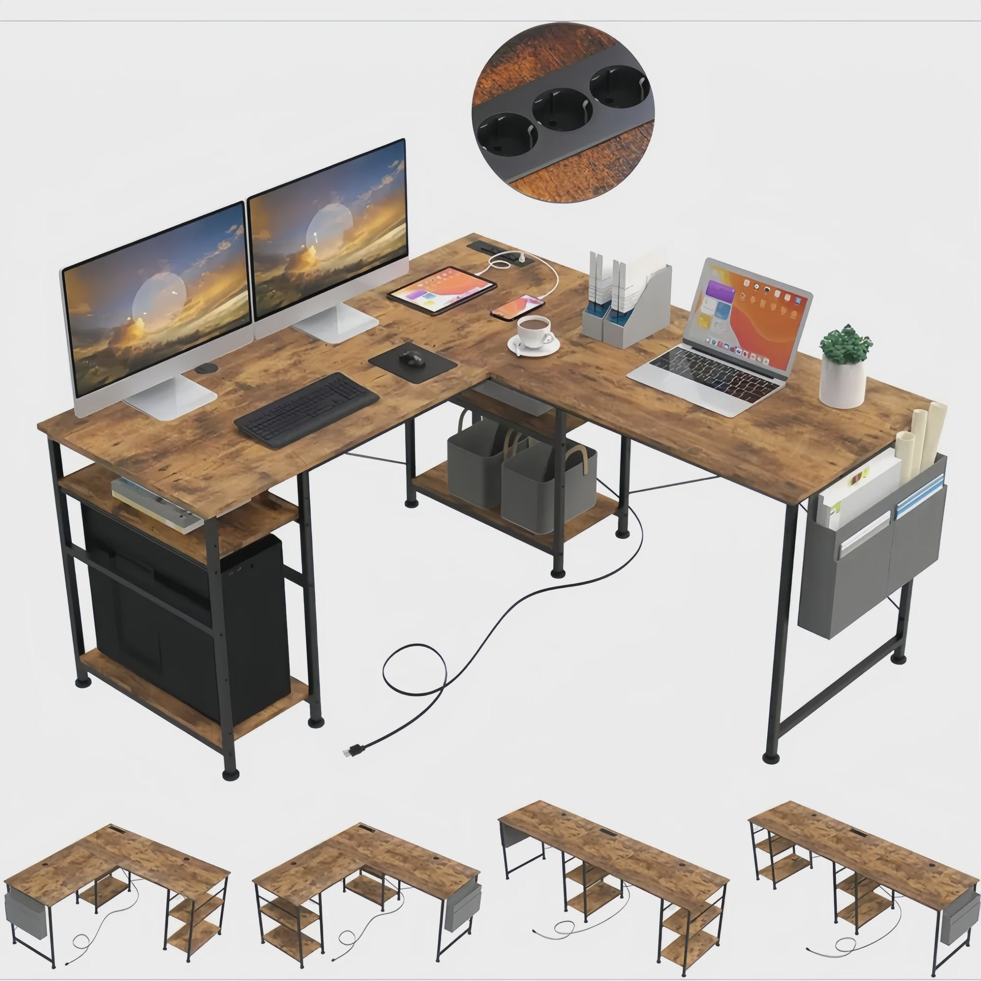L-vormig Bureau met Opbergruimte & Geïntegreerde Stroomvoorziening - Modern Bruin Hoekbureau 140x140cm