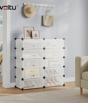 Modulaire Schoenenkast met 10 Vakken - Wit/Zwart - 47x35x170cm - Opbergkast voor Hal, Slaapkamer of Woonkamer