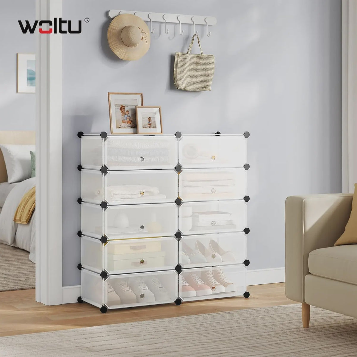 Modulaire Schoenenkast met 10 Vakken - Wit/Zwart - 47x35x170cm - Opbergkast voor Hal, Slaapkamer of Woonkamer