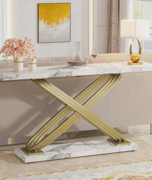 Moderne Console Tafel met Faux Marmer en Gouden X-Frame - 140 cm