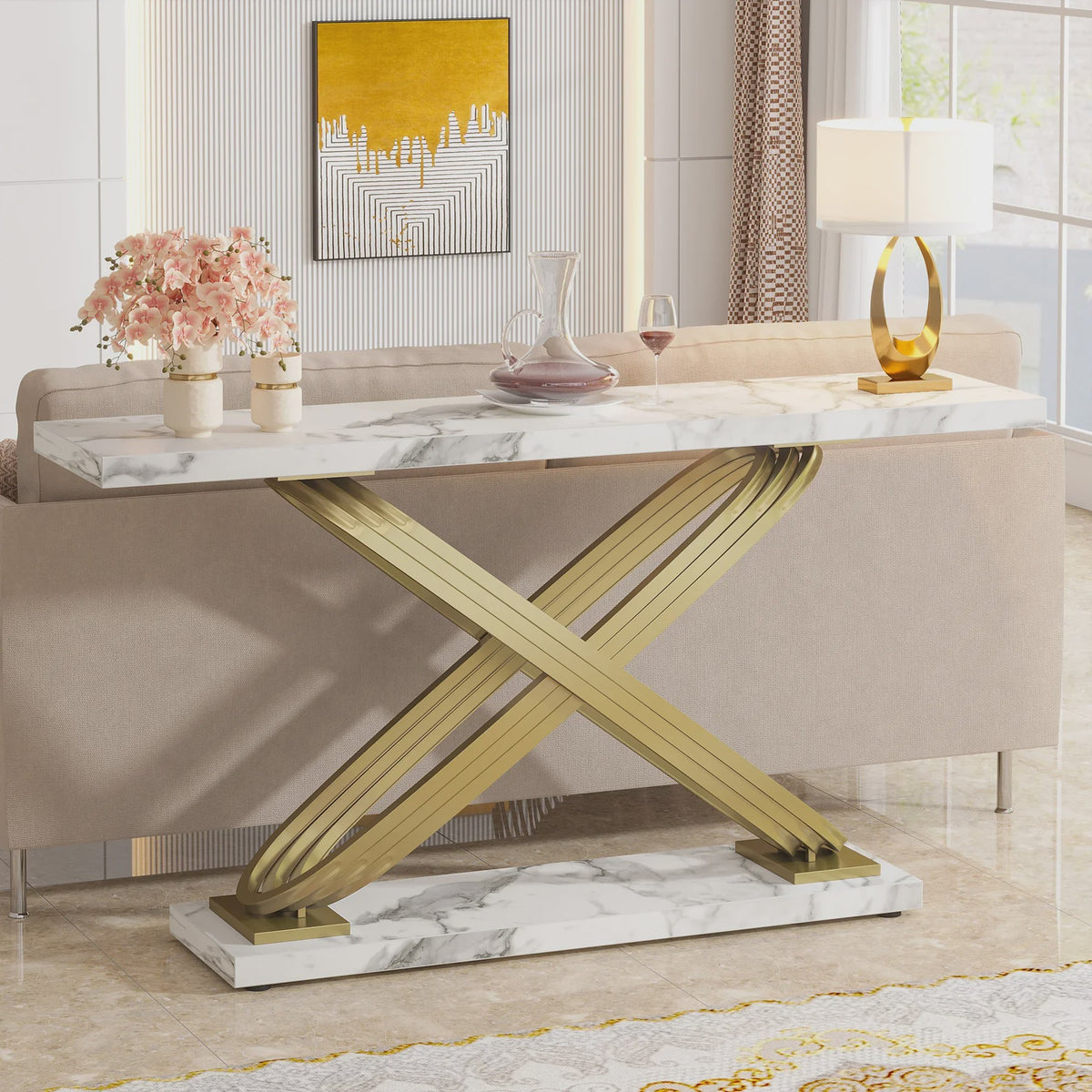 Moderne Console Tafel met Faux Marmer en Gouden X-Frame - 140 cm