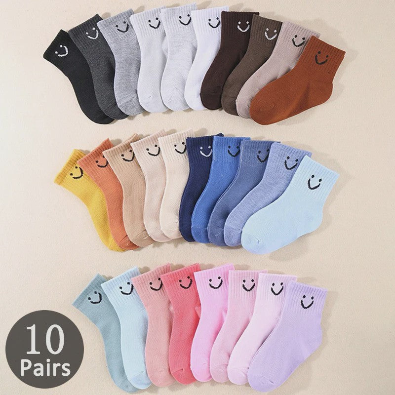 10 Paar Kinder Sokken met Vrolijke Smiley Print - Mid-Calf, Jongens & Meisjes
