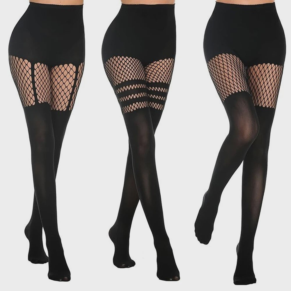 Zwarte Visnet Panty met Jarretellen en Holle Ontwerp - Sexy Nachtclub & Dans Tights