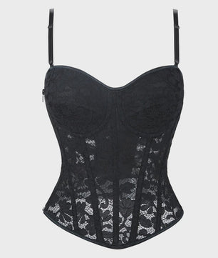 Zwart kanten korset top met mesh en ritssluiting - Sexy bustier voor feesten