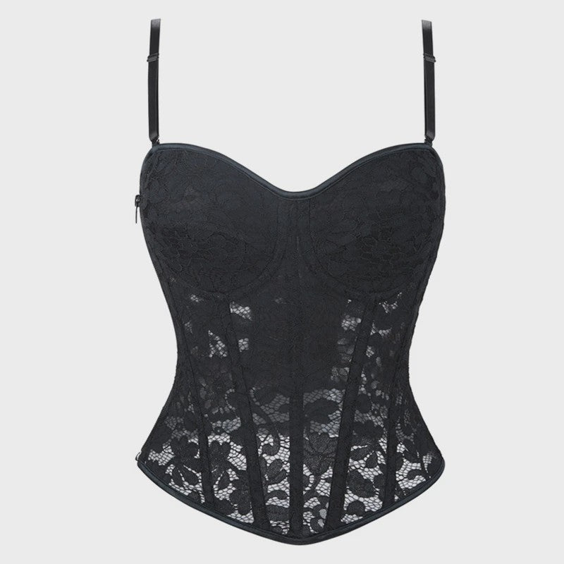 Zwart kanten korset top met mesh en ritssluiting - Sexy bustier voor feesten