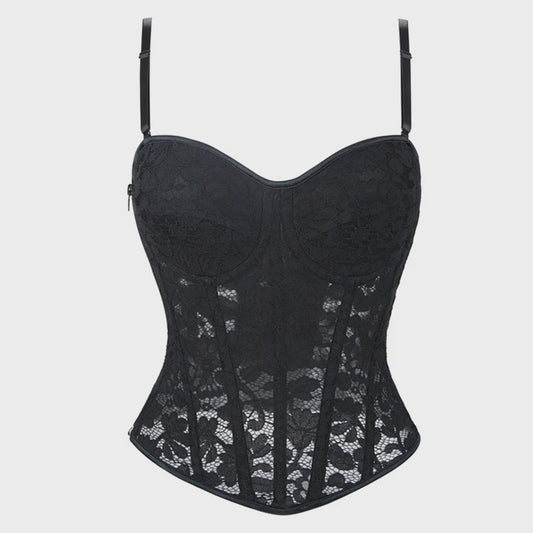 Zwart kanten korset top met mesh en ritssluiting - Sexy bustier voor feesten