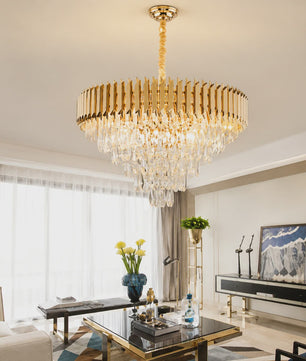 Luxe Gouden Kristallen Kroonluchter met Gelaagd Ringontwerp & Kleurveranderend LED