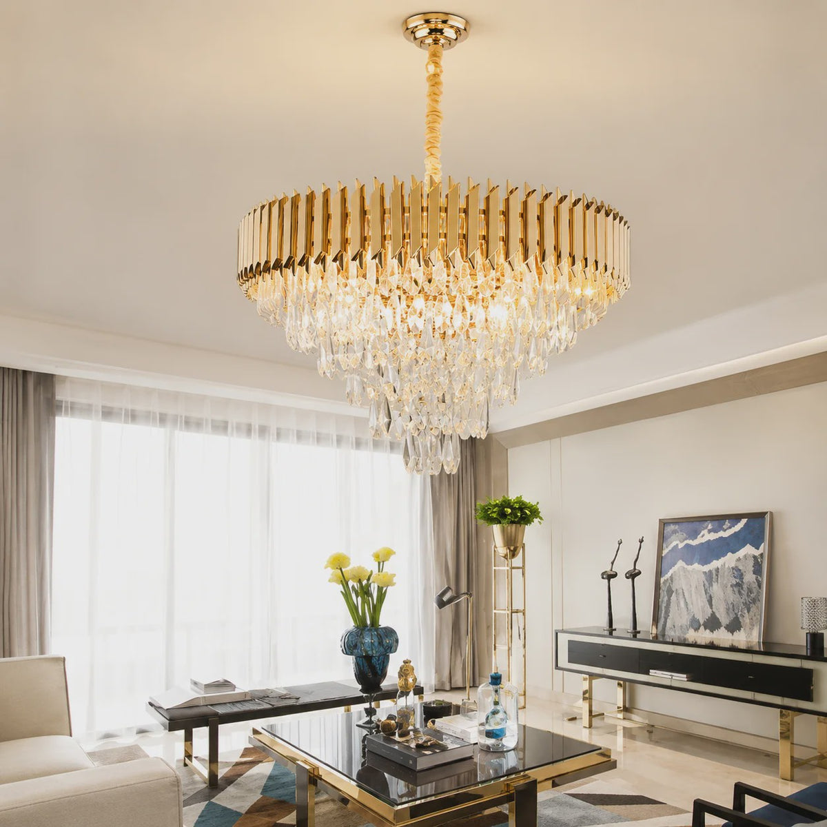 Luxe Gouden Kristallen Kroonluchter met Gelaagd Ringontwerp & Kleurveranderend LED