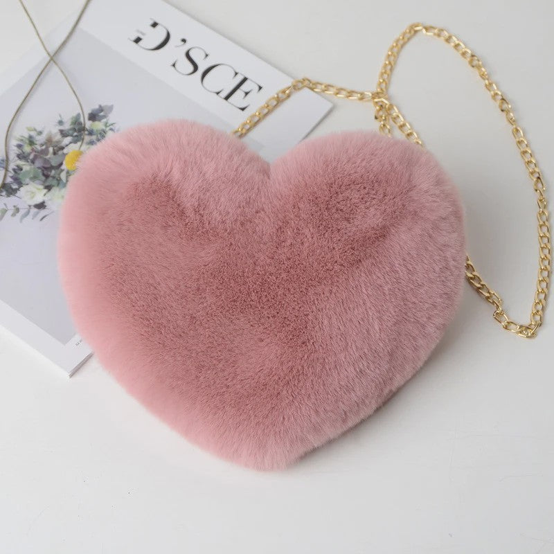 Schattige Hartvormige Pluche Schoudertas met Ketting - Dames Crossbody Tas