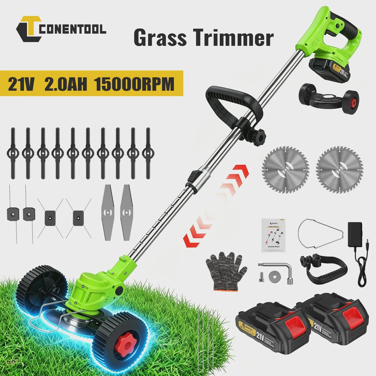 Accu Grastrimmer met Wielen - Verstelbare Steel & Krachtige Motor