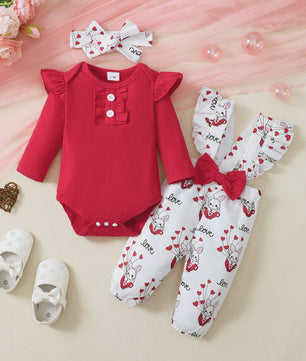 Schattige Baby Meisjes Outfit 3-Delig: Rood Ruffle Romper, Broekje & Haarband met Konijntjes