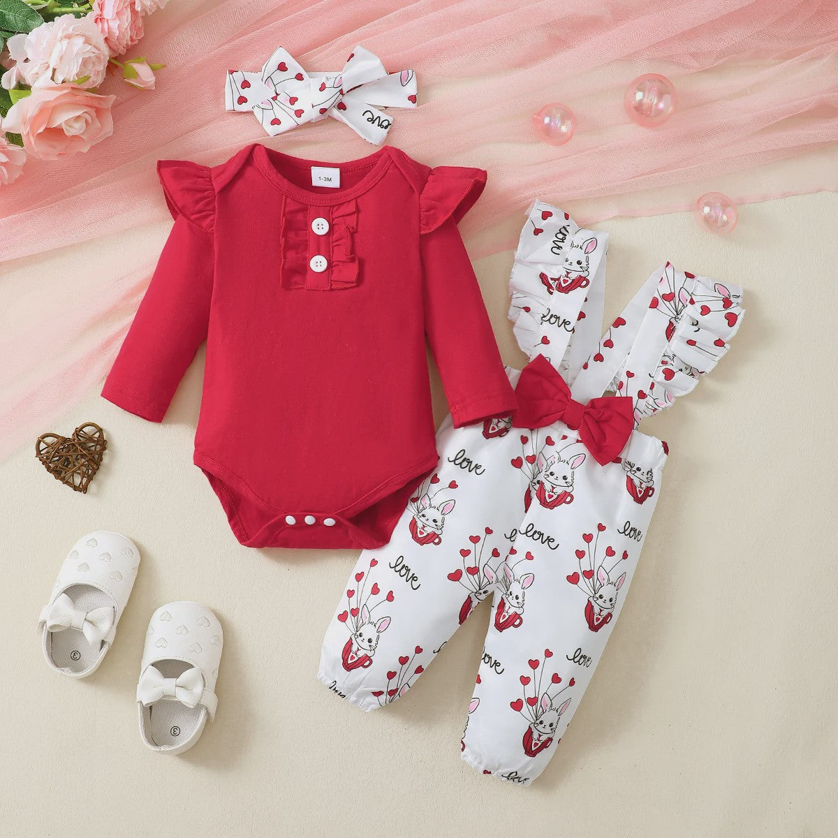 Schattige Baby Meisjes Outfit 3-Delig: Rood Ruffle Romper, Broekje & Haarband met Konijntjes